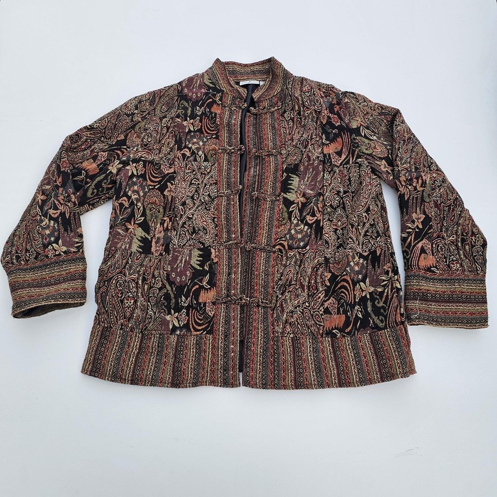 Vintage 90s White Stag Tapestry Jacket Womens M Paisley Patchwork Frog Closure